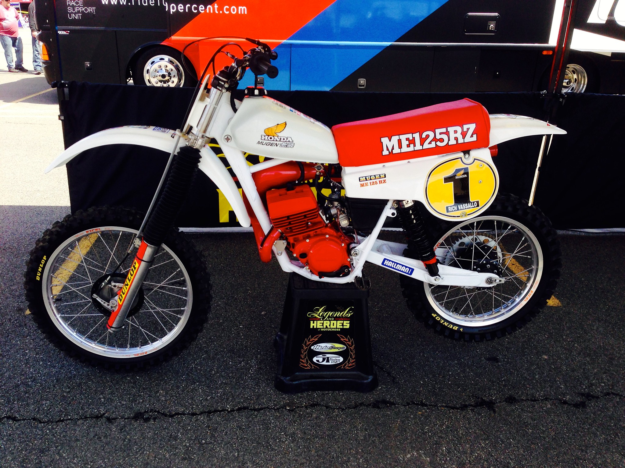 A vintage works Honda with a number 1 plate at the 2014 New York Supercross, photographed by Tony Blazier