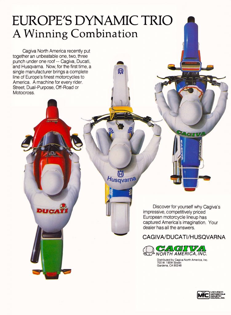 In 1987, Cagiva purchased Husqvarna’s motorcycle operations and brought them under the Cagiva banner.