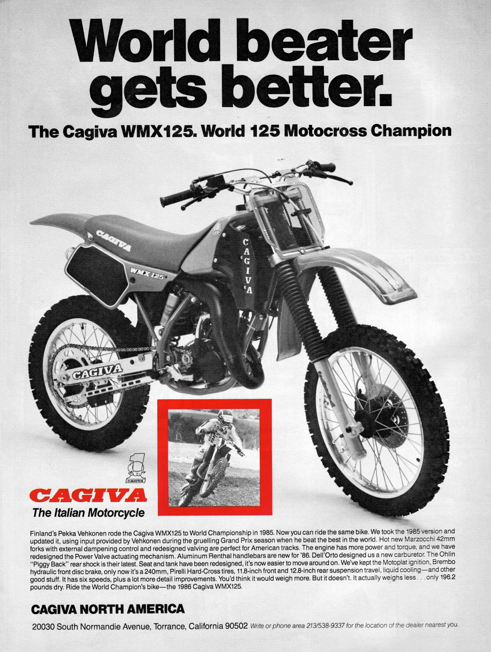 Cagiva’s 1986 WMX 125 was marketed as a replica of Pekka Vehkonen’s ’85 works bike.