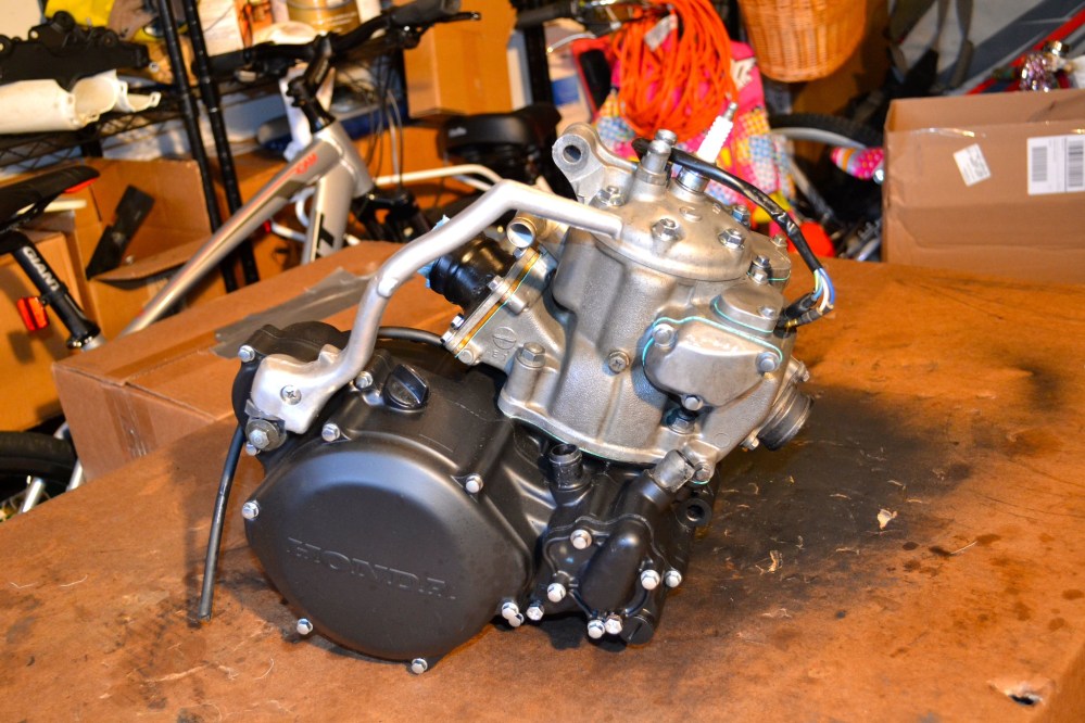 The rebuilt engine from Tony Blazier’s 1990 Honda CR250R