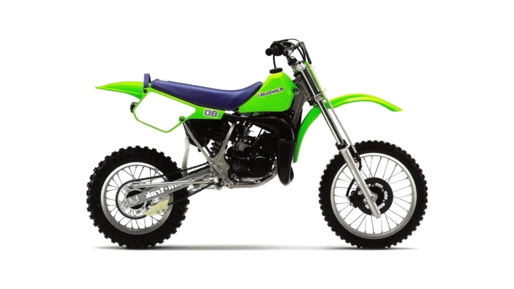 1986 Kawasaki KX80 studio photo on a white background, facing right
