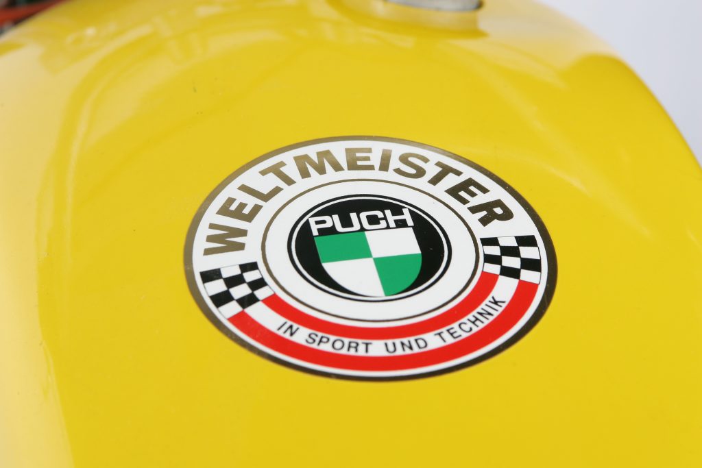 The iconic Puch logo draws its colors and inspiration from the flag of the Austrian town Steyr where one of the brand’s