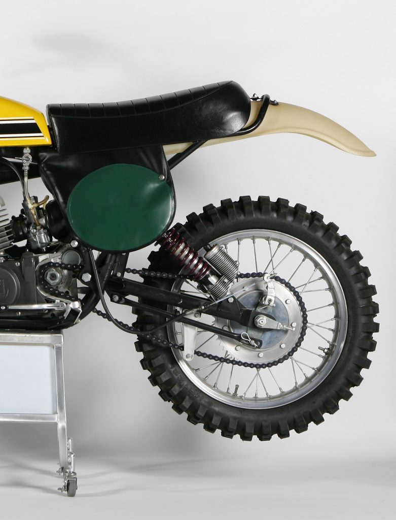 The rear suspension on the Puch provided an excellent (for the time) nine inches of travel. The Marzocchi rear shocks